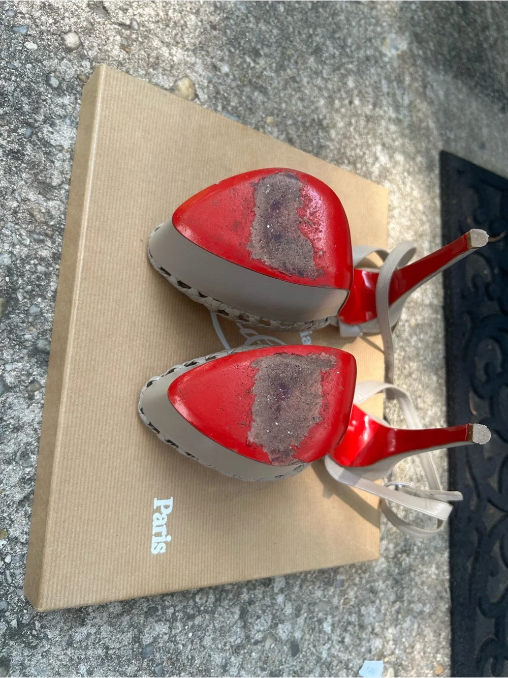 Christian Louboutin Gray Woven Leather Platform Sandals with Red Soles